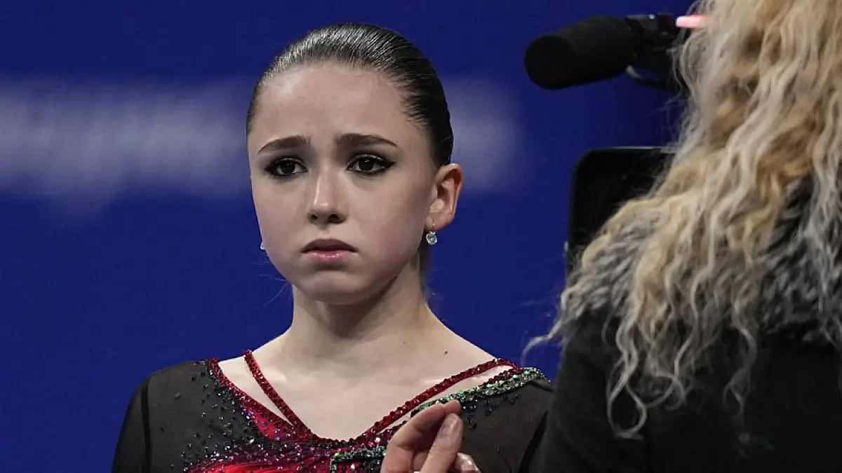 Kamila Valieva, of the Russian Olympic Committee, after a figure skating routine at the 2022 Winter Olympics. - null
