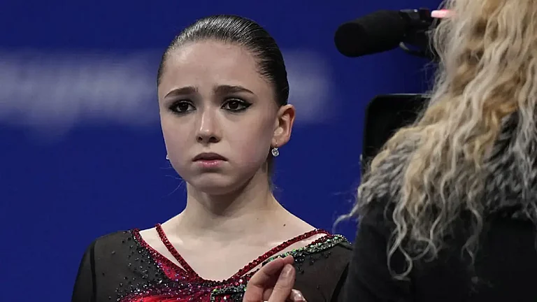 Kamila Valieva, of the Russian Olympic Committee, after a figure skating routine at the 2022 Winter Olympics. - null