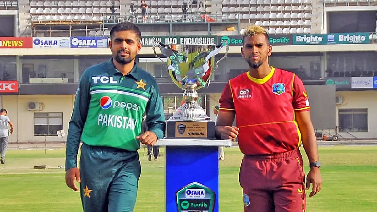 Captains Babar Azam of Pakistan and Nicholas Pooran of West Indies pose with the trophy ahead of the ODI series. Watch PAK vs WI, 1st ODI live.