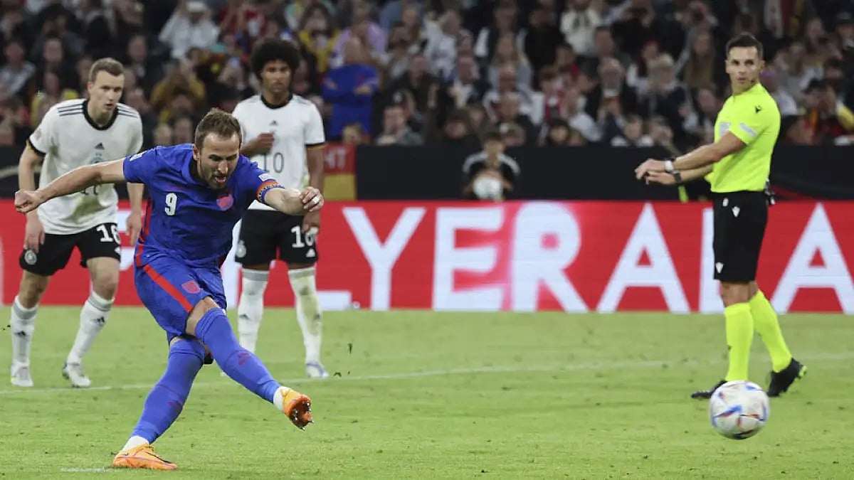 England's Harry Kane scores from the spot against Germany at Allianz Arena, in Munich, during their UEFA Nations League match, June 7, 2022.