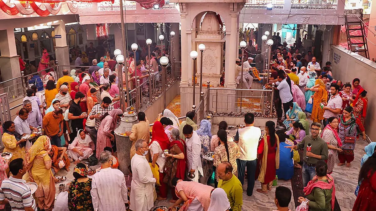 Devotees at Mata Kheer Bhawani Temple in Ganderbal.