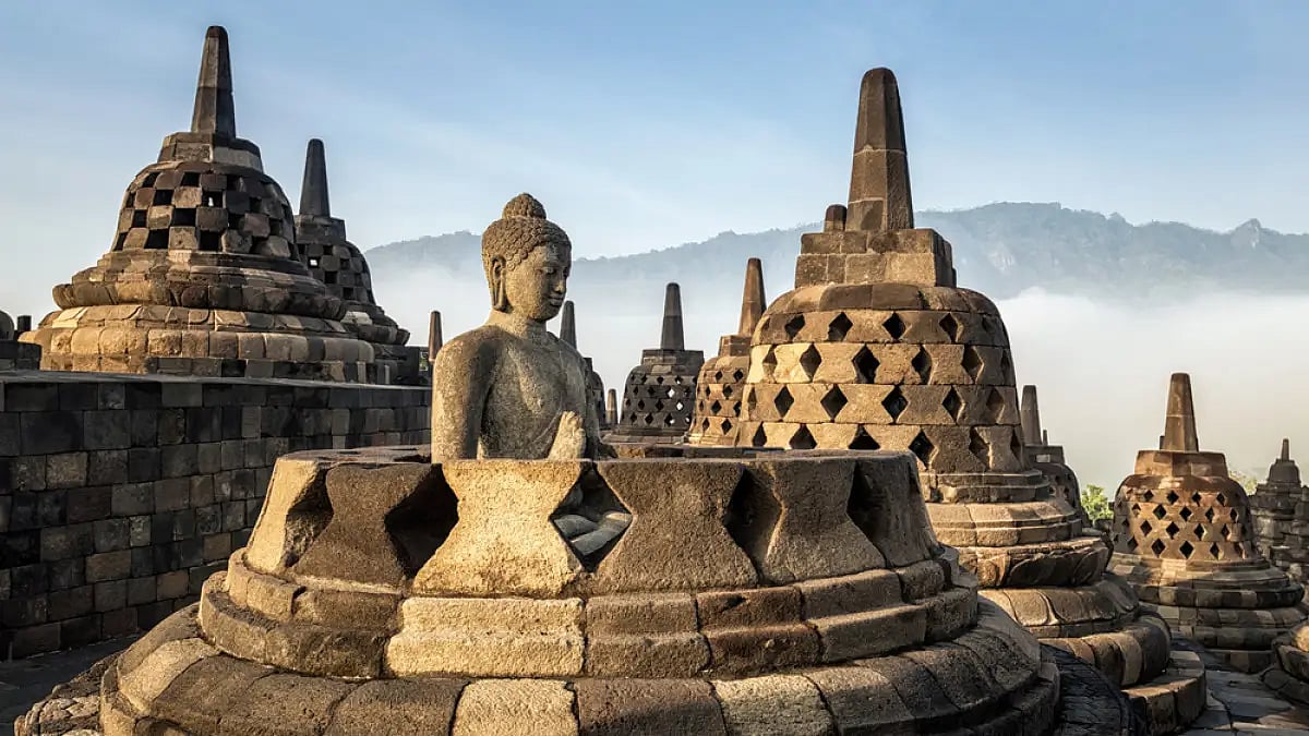 Borobudur Temple was built in the 8th and 9th centuries AD during the rule of the Syailendra Dynasty