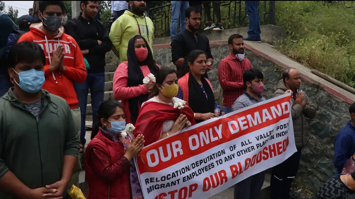 Scores of families of Kashmiri Pandit migrant workers staged protests in various places. 