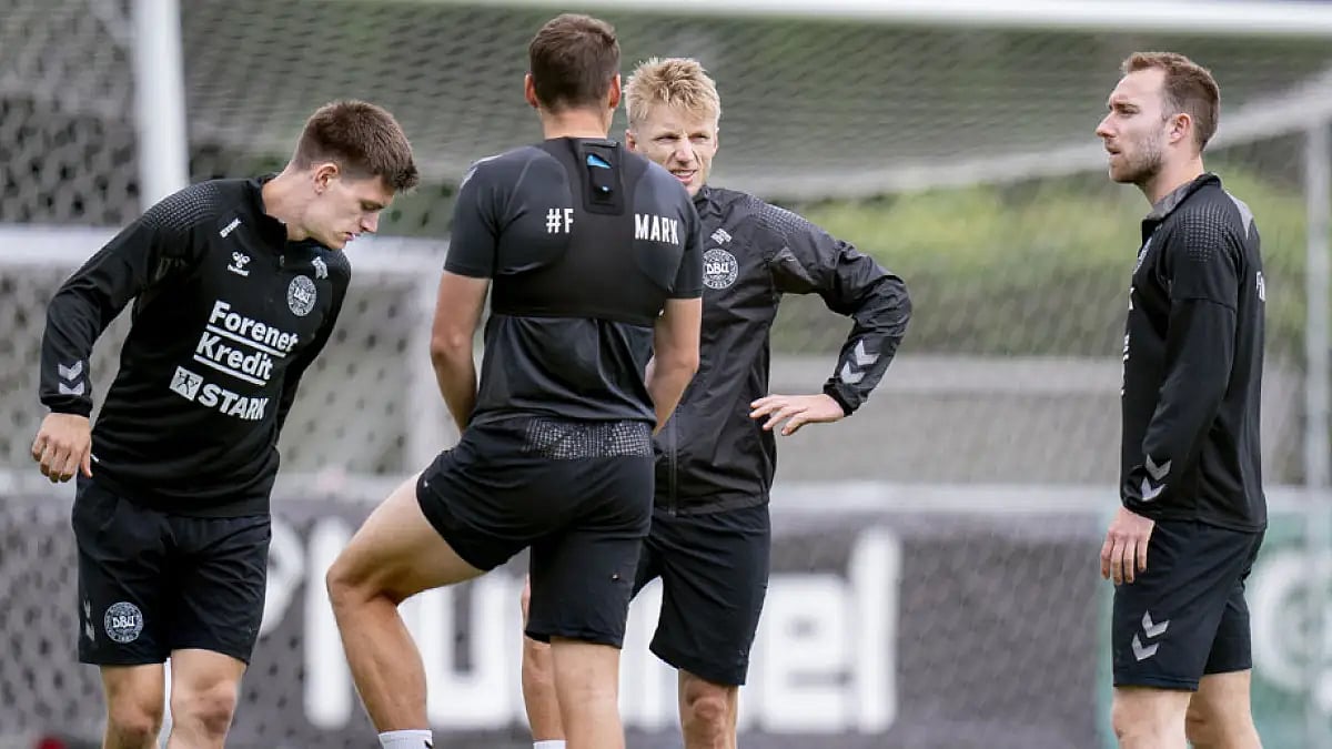 Denmark players during a training session prior to their Nations League match against Croatia.