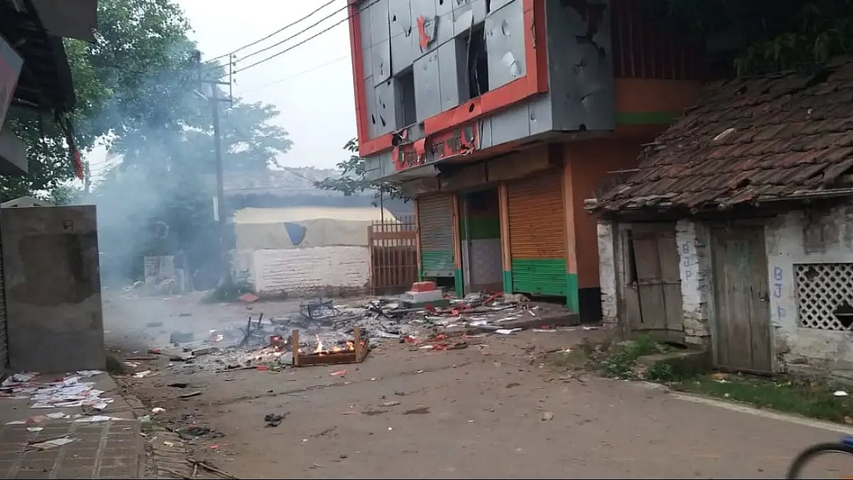 A BJP office burnt during protests in West Bengal's Howrah 