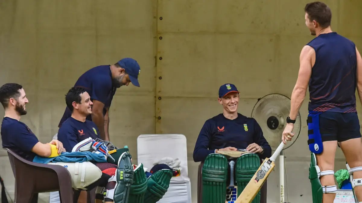 South African players share a light moment during a training session ahead of 2nd T20 vs India. 