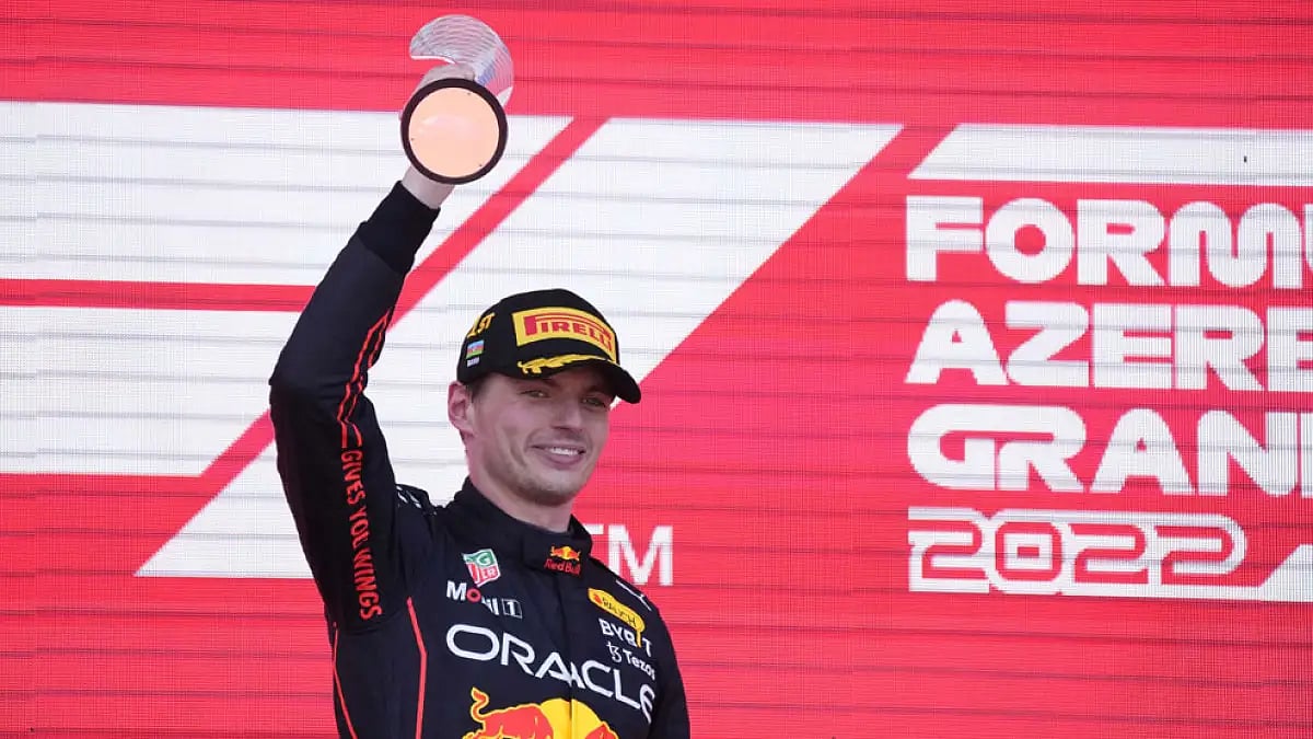 Red Bull driver Max Verstappen celebrates after winning the Azerbaijan Grand Prix in Baku, June 12, 2022.
