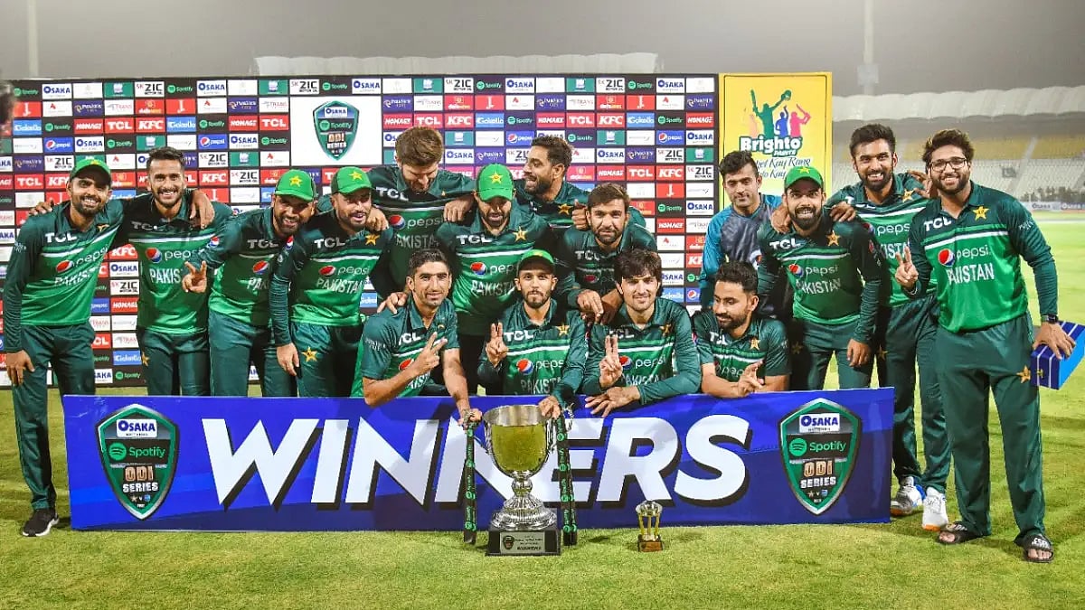 Pakistan players celebrate their ODI series win over West Indies.  