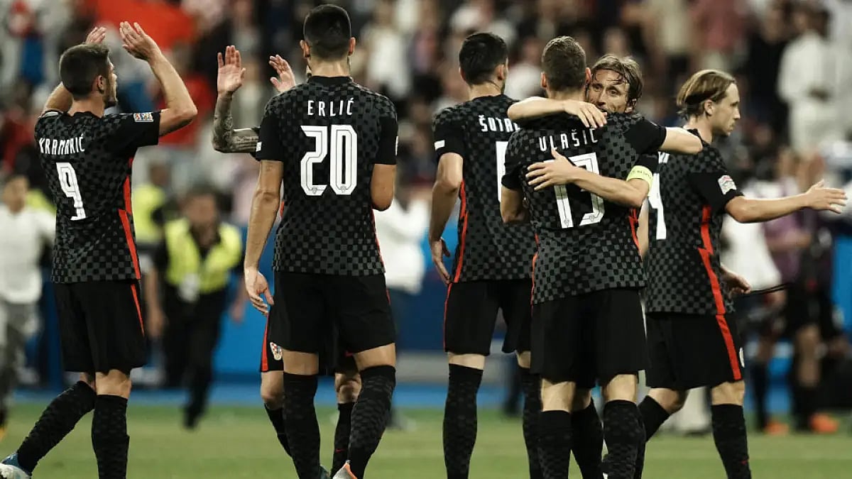 Croatian players celebrate at the end of their UEFA Nations League match against France at the Stade de France, Paris, June 13, 2022.