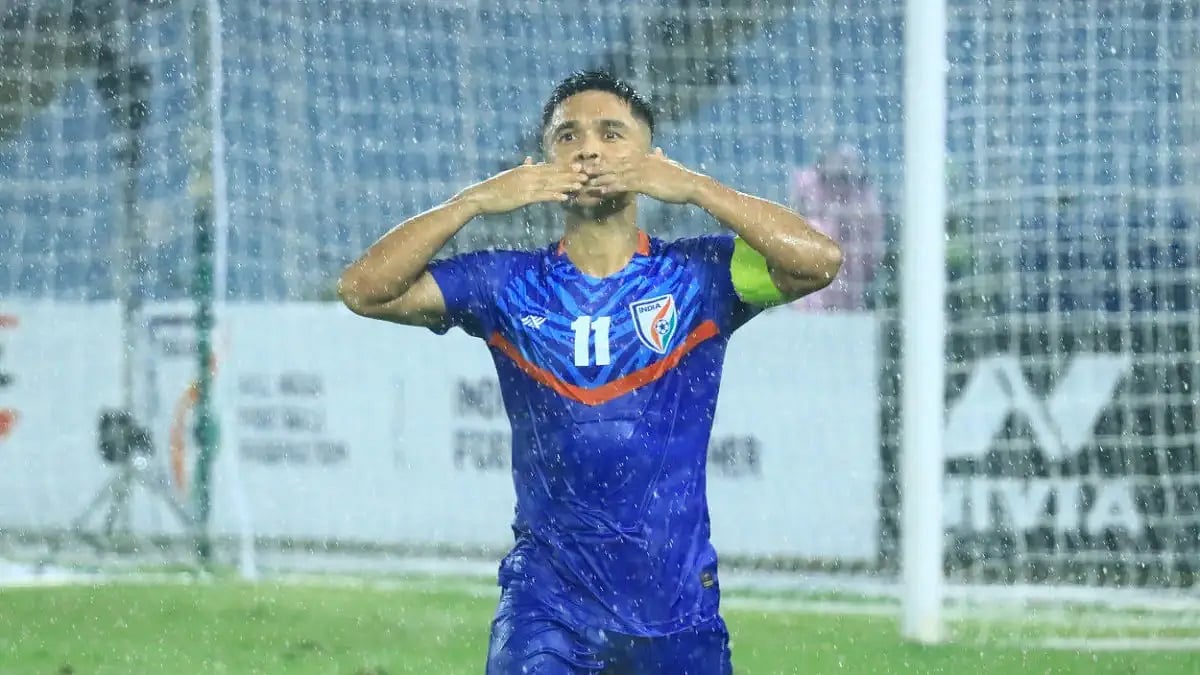 Sunil Chhetri celebrates after scoring against Hong Kong in AFC Asian Cup 2023 Qualifiers.   