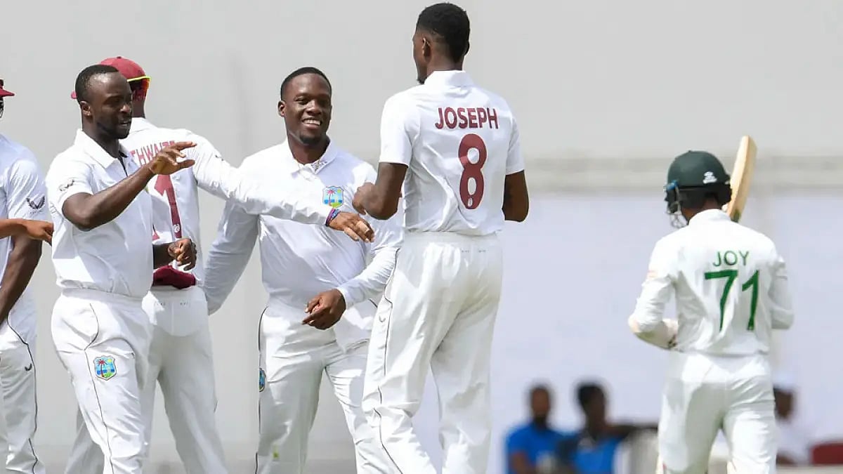 Mahmudul Hasan Joy got out for a first-ball duck to Kemar Roach.