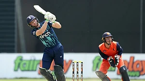 England Jos Buttler hits a six during his century against Netherlands in first ODI.