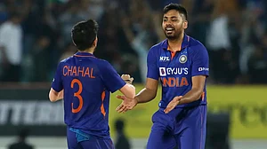 Avesh Khan celebrates after taking a wicket. Get IND vs SA 4th T20 highlights.