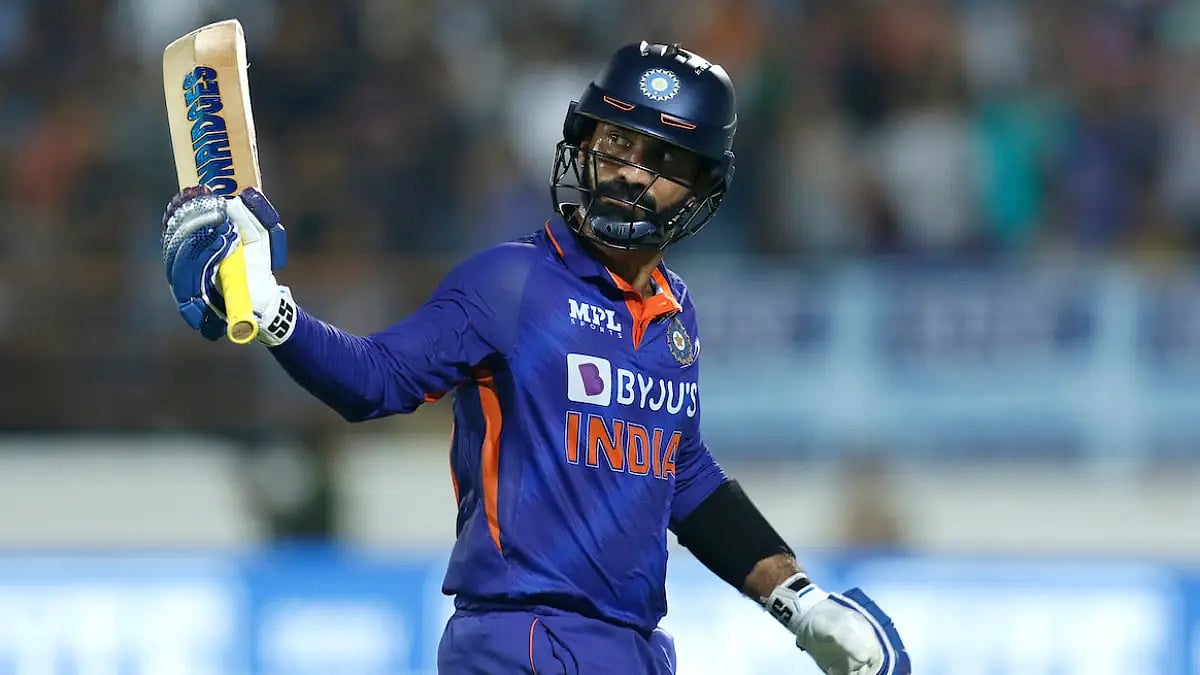 Dinesh Karthik celebrates his fifty against South Africa in Rajkot n fourth T20.   