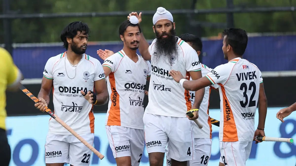India players celebrate their first goal against Netherlands in FIH Pro League 2021-22.