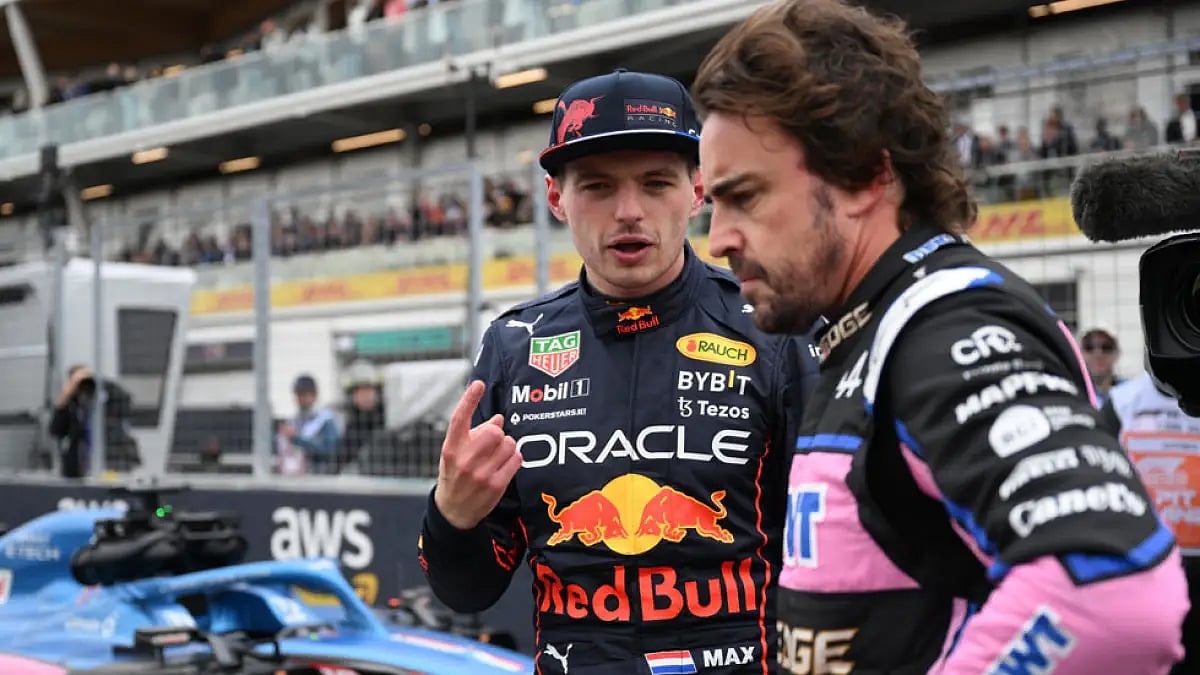 Red Bull driver Max Verstappen left, and Alpine driver Fernando Alonso after qualifying first and second respectively for Canadian Grand Prix, June 18, 2022.