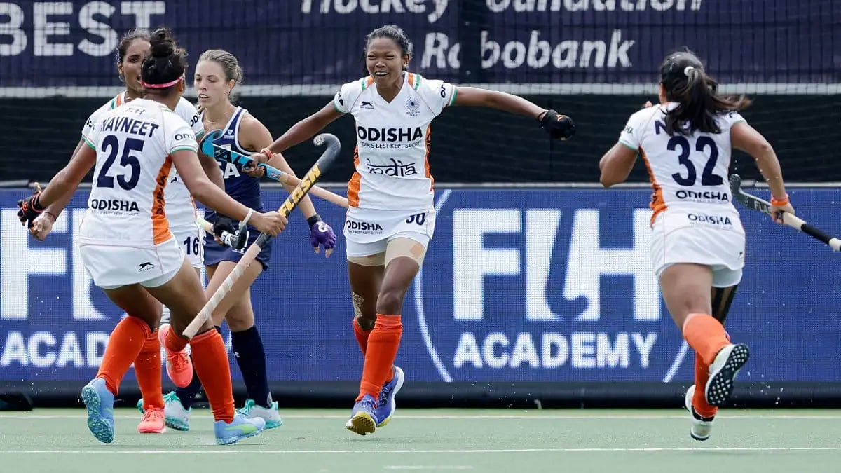 India players celebrate a goal against Argentina in FIH Pro League encounter on Sunday.  