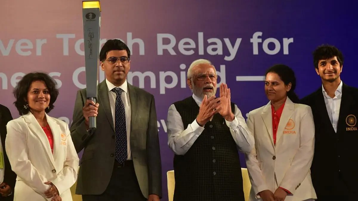 Viswanathan Anand and PM Narendra Modi at the launch of torch relay for Chess Olympiad on Sunday.