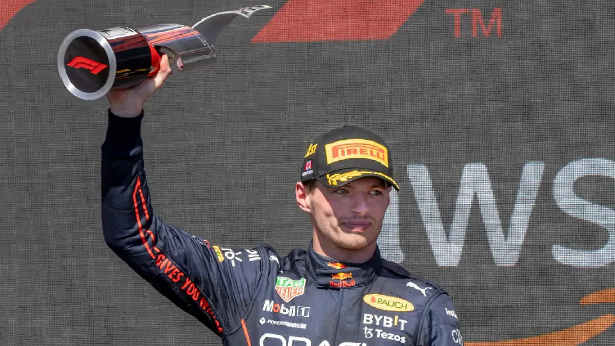 Max Verstappen celebrates after winning the Canadian F1 Grand Prix on Sunday in Montreal. 