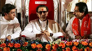 Raj Thackeray (left), Balasaheb Thackeray (centre), and Uddhav Thackeray (right) at Shivaji Park.