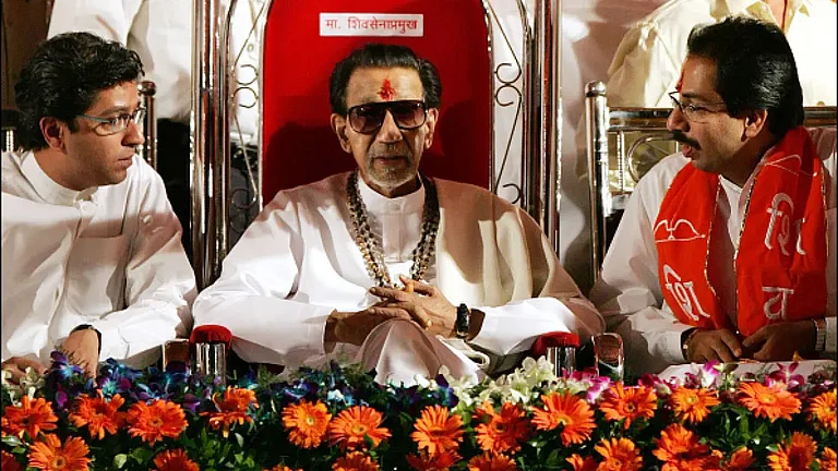 Raj Thackeray (left), Balasaheb Thackeray (centre), and Uddhav Thackeray (right) at Shivaji Park. - | File
