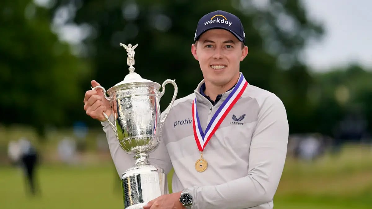 Matthew Fitzpatrick poses with the US Open winner's trophy on Sunday.
