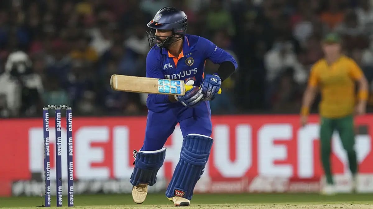 India's Dinesh Karthik plays a shot during the second T20I match against South Africa in Cuttack, June 12, 2022.
