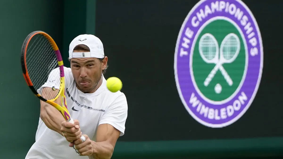Rafael Nadal practices ahead of the Wimbledon 2022 at the All England Club, June 24, 2022.