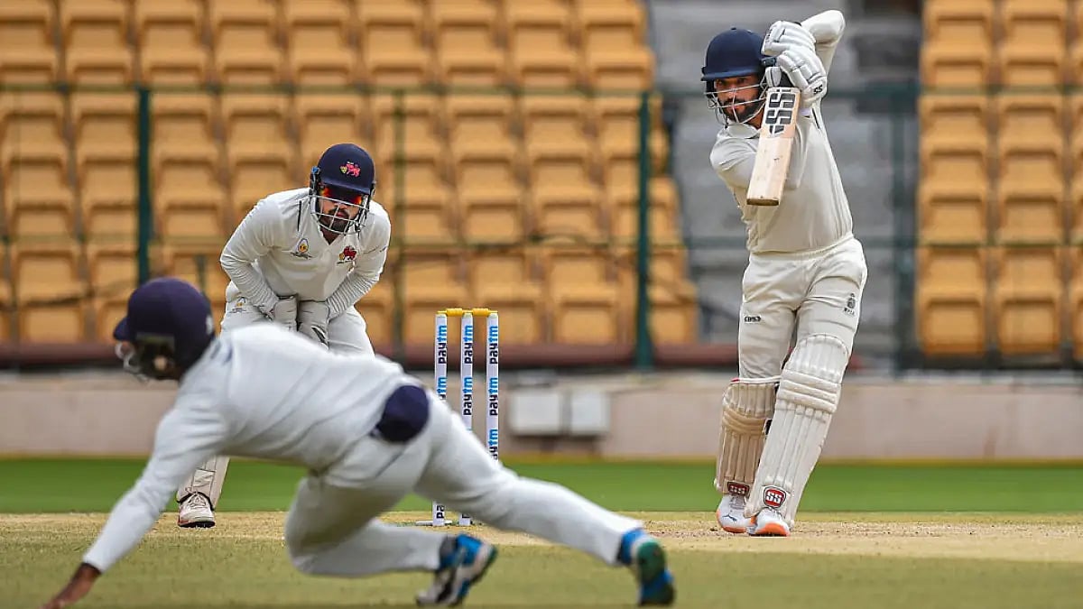 Madhya Pradesh's Rajat Patidar plays a shot during Day 4 of the Ranji Trophy 2021-22 final against Mumbai in Bengaluru, June 25, 2022.