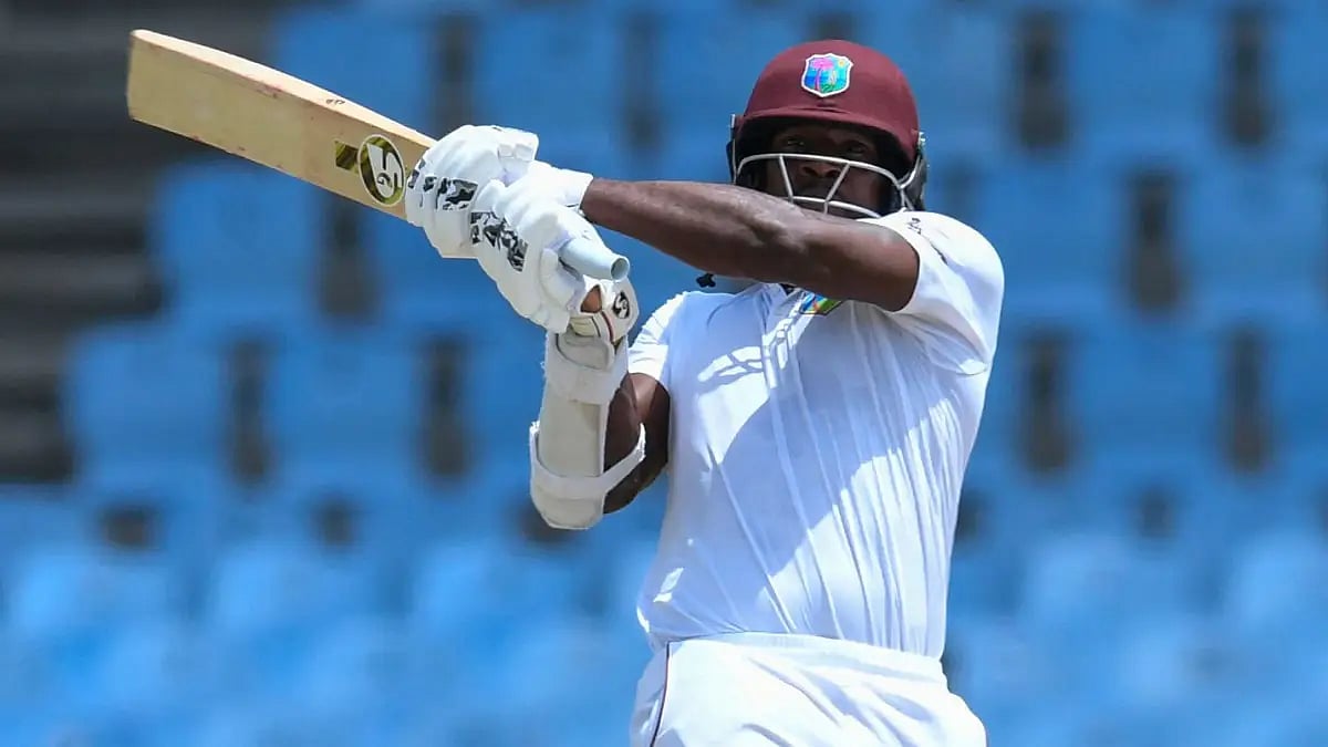 Kyle Mayers goes for a pull en route to his century against Bangladesh on Day 2 of second Test.  