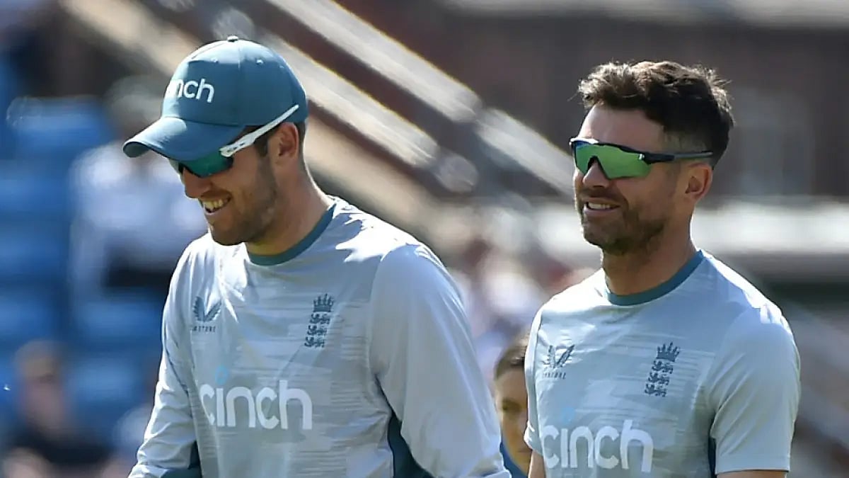 England's Jamie Overton and James Anderson in all smiles ahead of the fifth Test against India.
