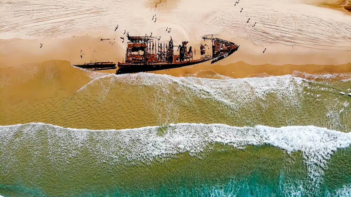 Drone shot of SS Maheno directly over the sea on Fraser Island