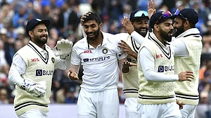 Indian players celebrate the fall of England's Zak Crawley on Day 2 of the 5th Test in Birmingham. Catch ENG vs IND highlights.