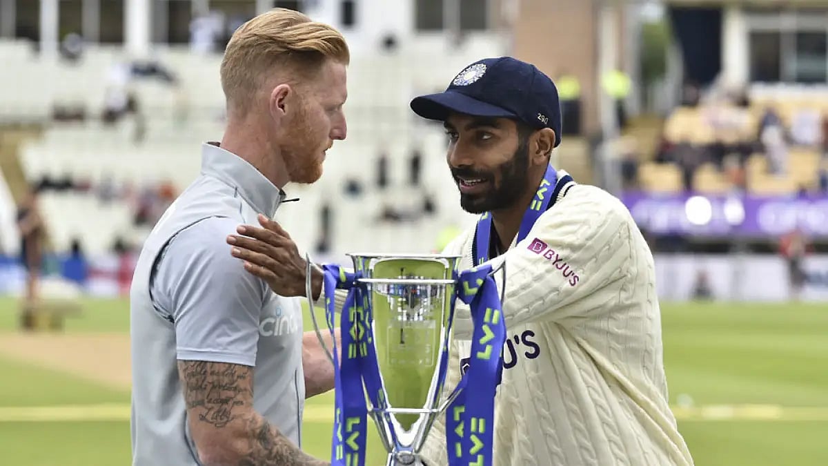 India's captain Jasprit Bumrah congratulates England's captain Ben Stokes after the end of their fifth Test.