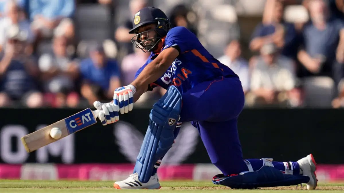 India skipper Rohit Sharma hits a shot against England in the first T20 on Thursday. 