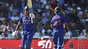 Suryakumar Yadav became only the fifth Indian to score a T20I century. Relive ENG vs IND, 3rd T20I here. Photo: AP