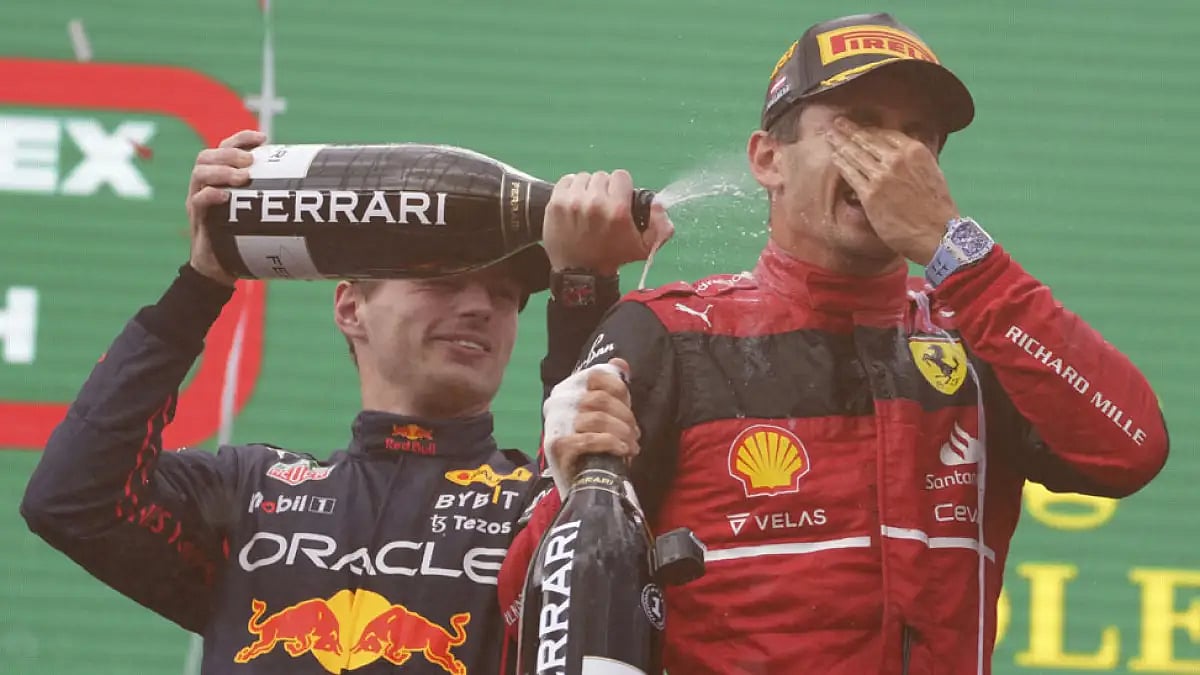 Charles Leclerc, right, celebrates on the podium with Red Bull driver Max Verstappen after winning the Austrian F1 Grand Prix.