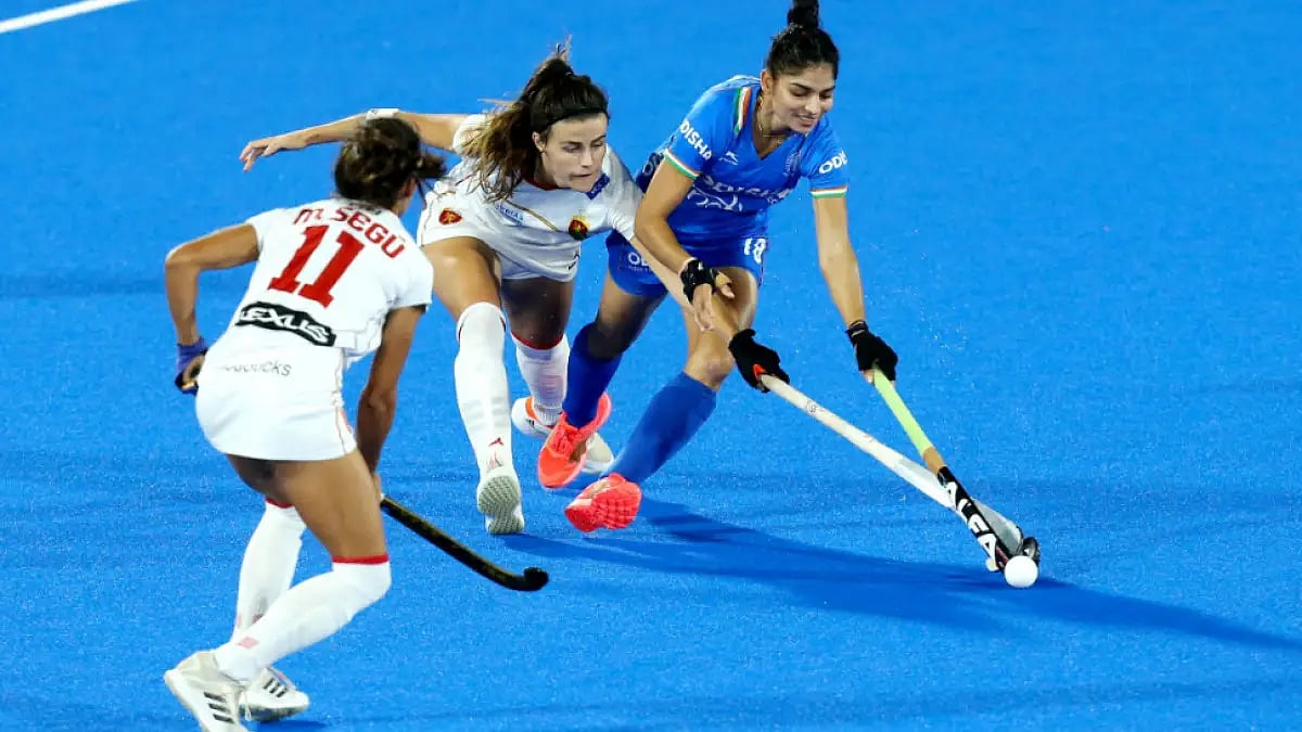 Udita makes a tackle against Spain during India's FIH Hockey Women's World Cup 2022 match. 
