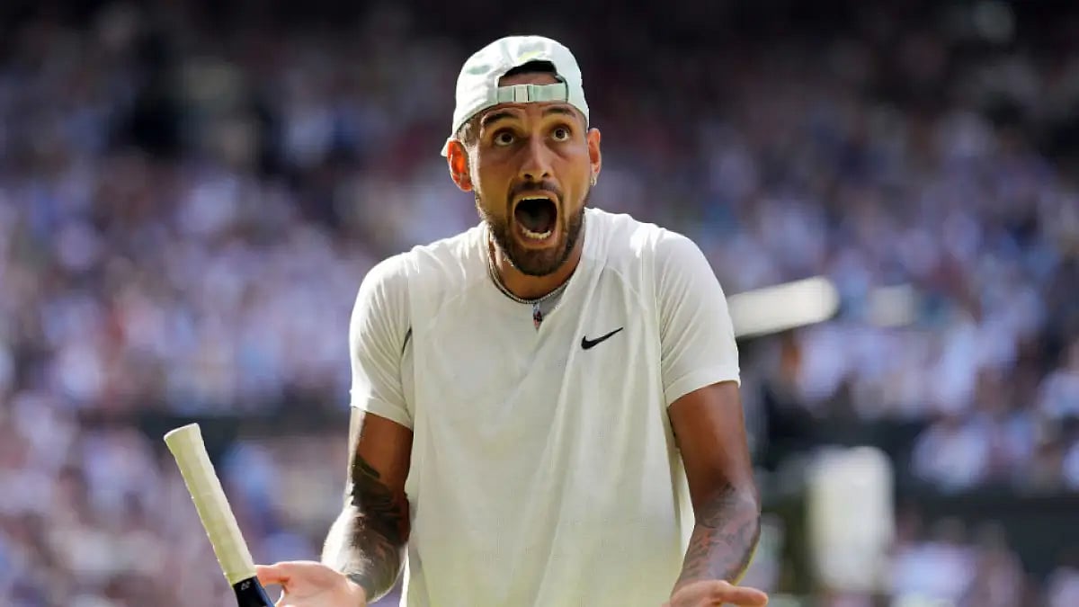 Nick Kyrgios reacts during Wimbledon 2022 final match against Novak Djokovic on Sunday.