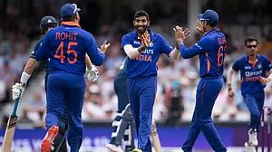 Jasprit Bumrah celebrates after dismissing one of England batters in the first ODI on Tuesday.