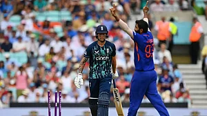 Jasprit Bumrah celebrates after dismissing an England batter in the first ODI on Tuesday.