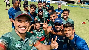 Bangladesh players after their ODI series win against the West Indies in Guyana.