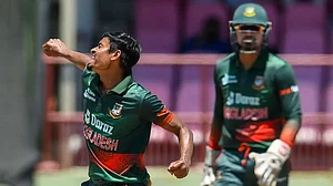 Taijul Islam of Bangladesh celebrates after completing his five-wicket haul against West Indies.