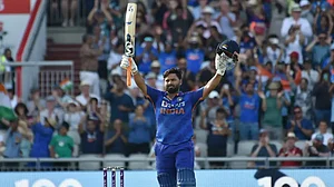 Rishabh Pant celebrates after scoring his maiden ODI century against England on Sunday.
