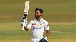 Abdullah Shafique celebrates his century against Sri Lanka in the first Test in Galle.