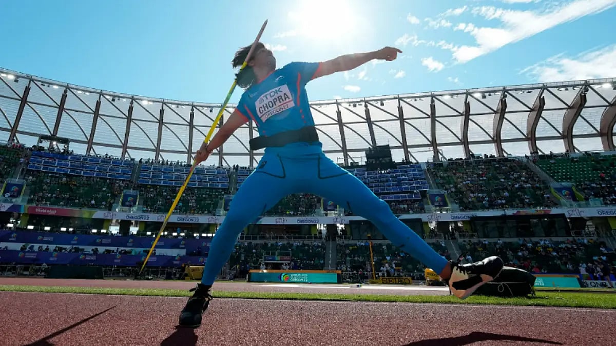 Neeraj Chopra throws the javelin during the World Athletics Championships 2022 qualifiers. 