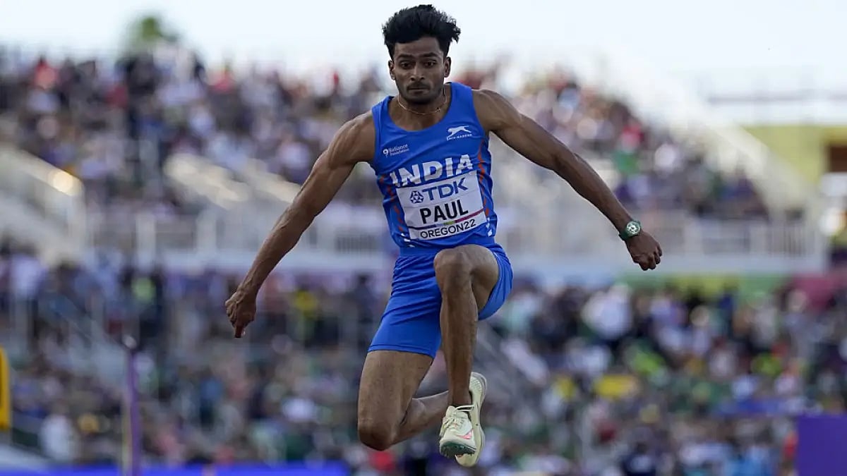 Eldhose Paul competes during qualifications for the men's triple jump at the World Athletics Championships 2022.