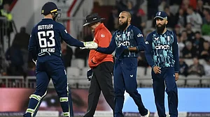 England players celebrates a South African wicket in second ODI in Manchester on Friday.
