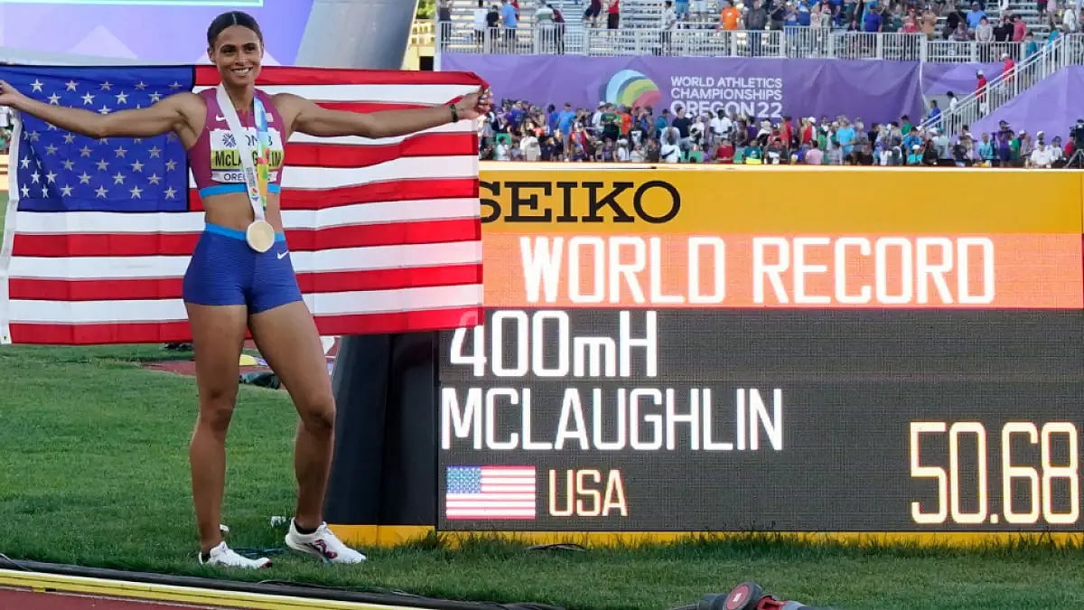 Sydney McLaughlin celebrates after winning 400m at World Athletics Championships 2022 on Friday.