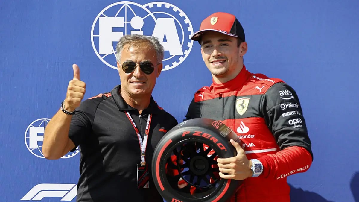 Ferrari driver Charles Leclerc, right, after French Grand Prix 2022 qualifying.